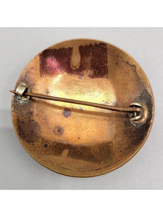 Antique Champleve Brooch Asian Geisha Enamel Copper Round Metal C Clasp - Picture 3 of 4